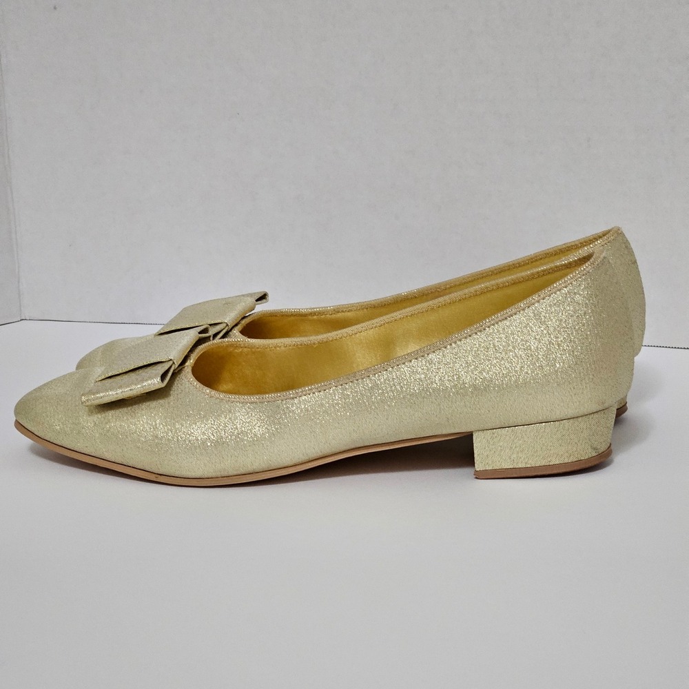 Rare VTG 60s Daniel Green‎ Gold Glitter Slippers Bow Lurex Heels US 7AA Narrow - Picture 2 of 14
